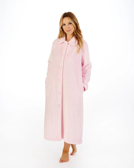 Slenderella Button Dressing Gown Zig Zag Fleece Long Sleeve Bath Robe