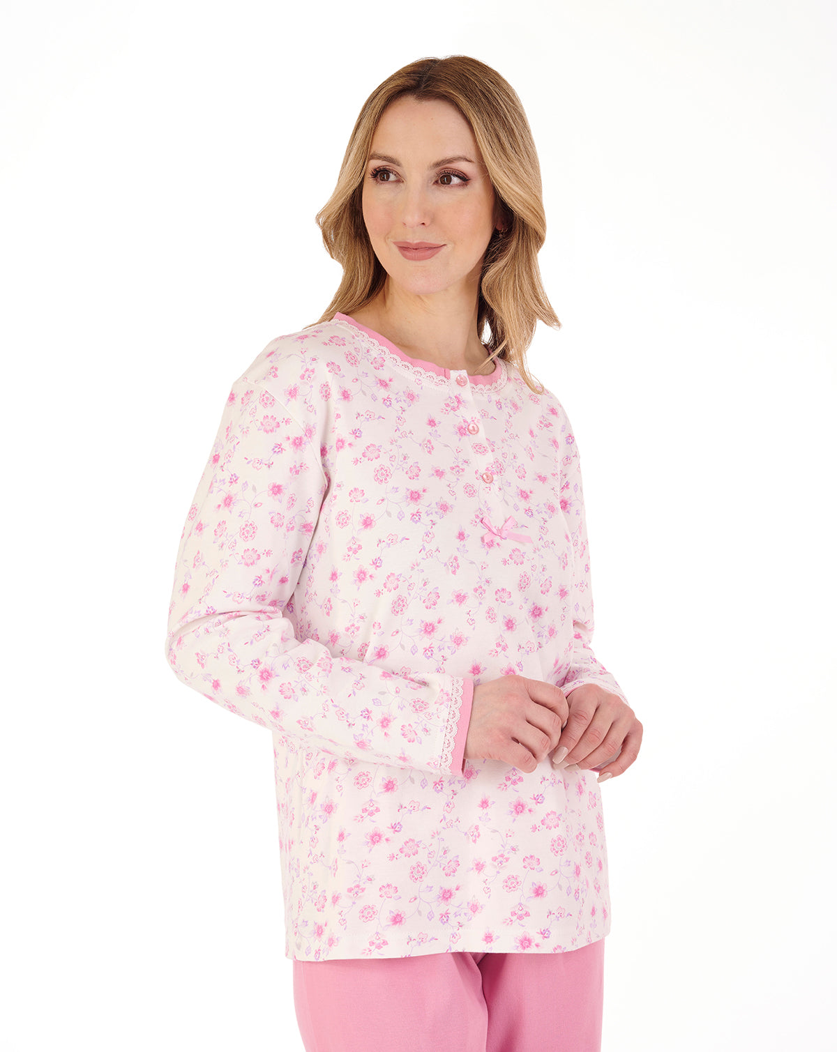 Ladies Slenderella Floral Pyjamas Lace Trim Button Up PJs Set Top & Bottoms